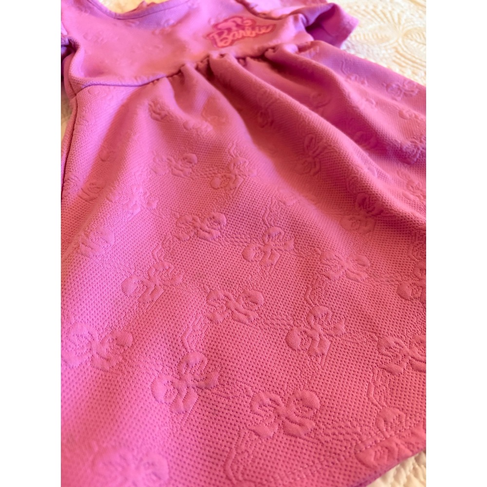 Barbie Girls Pink Embossed Bow Flutter Sleeve Dress Size 3T Logo Patch - Picture 5 of 11